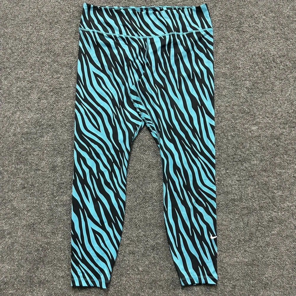Nike Leggings Womens Size L Blue Zebra Print High Rise Athletic Activewear 17312